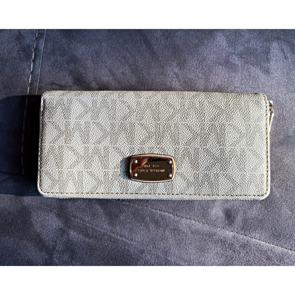Michael Kors Women's Ivory Logo Zip-Around Wallet w/ ID Window, Card Slots